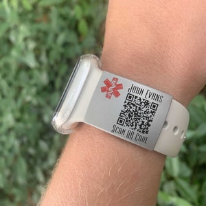 ScanKeep QR code MEDICAL Alert Tag for Apple watch band, fitness runners ID tag, sport smartwatch, Silver Stainless Steel, Fitness Tag,