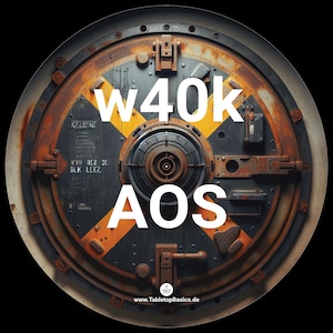 Könnte beinhalten: Eine runde, rostige Metalltür mit einem großen schwarzen und gelben Warnschild. Das Schild hat ein großes 'X' darüber und den Text 'W40K AOS'.