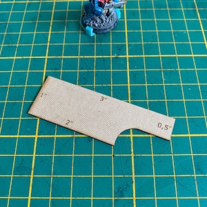 Puede incluir: Una plantilla de papel beige con un borde curvo y medidas marcadas en pulgadas: 0,5", 2" y 3".