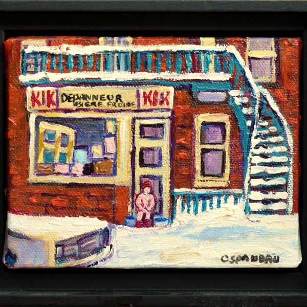 Montreal Depanneur, Winter Street Scene, Outdoor Staircase: Original Framed Painting