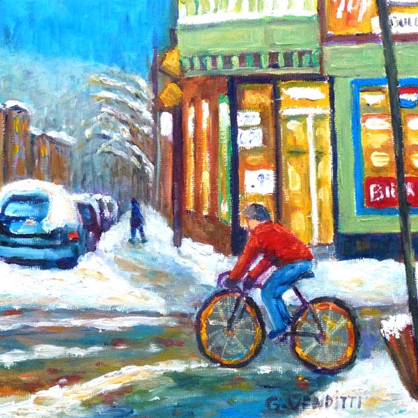Montreal Winter Scene Boy Biking on Debullion Street  Plateau Mont Royal Original Oil Painting