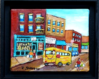 Best Montreal Street Scene St Viateur Bagel Shop Favorite Landmark with Yellow School Bus Framed Original 4x5 Painting Carole Spandau Artist