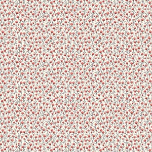 Pode incluir: Padrão repetitivo de pequenas flores vermelhas com caules e folhas cinza-esverdeadas sobre um fundo creme. O design floral é denso, criando um efeito texturizado. A estética geral é delicada e botânica, evocando um estilo vintage.