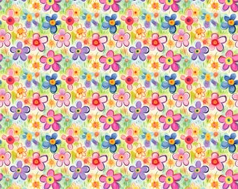 May include: A repeating pattern of colorful flowers in pink, purple, and blue, with yellow centers, set against a light green and yellow background. The flowers are stylized and arranged in a grid-like fashion, creating a cheerful and vibrant floral design.