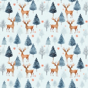 Pode incluir: Padrão repetitivo com ilustrações em aquarela de veados marrons com grandes chifres, árvores de Natal azul-esverdeadas, árvores nuas e detalhes florais laranja em um fundo azul claro. Flocos de neve espalhados.
