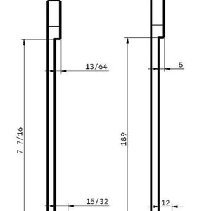 Op de afbeelding: Lijntekening van een metalen haak met afmetingen in centimeters. De haak is 19 cm hoog, 0,5 cm breed en 1,2 cm lang. De haak is gelabeld met "Imperial".
