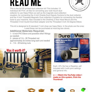 May include: A 3D printed dust collection kit for connecting a dust deputy cyclone to a dust collector. The kit includes 13 individual 3D printed parts, a 4-inch threaded magnetic dust collection coupler, a 4-inch threaded magnetic dust collection coupler, a 4-inch suckit dust boot adapter, and a 4-inch 45-degree elbow. The kit is designed to fit standard 7-inch shop vac HEPA filters. The image also shows a DuraVac HEPA filter, a person using the dust collection system, and a close-up of the individual 3D printed parts.