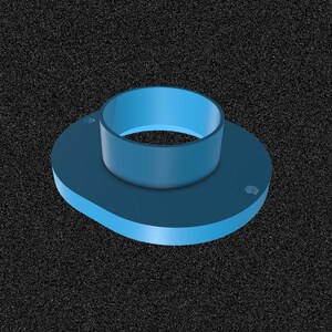 May include: A light blue plastic pipe fitting with a round opening and a flat base. The fitting has two small holes on the base.