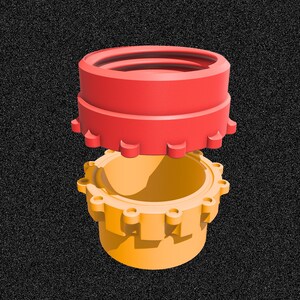 May include: A two-piece yellow and red plastic connector with a series of small teeth around the edges.