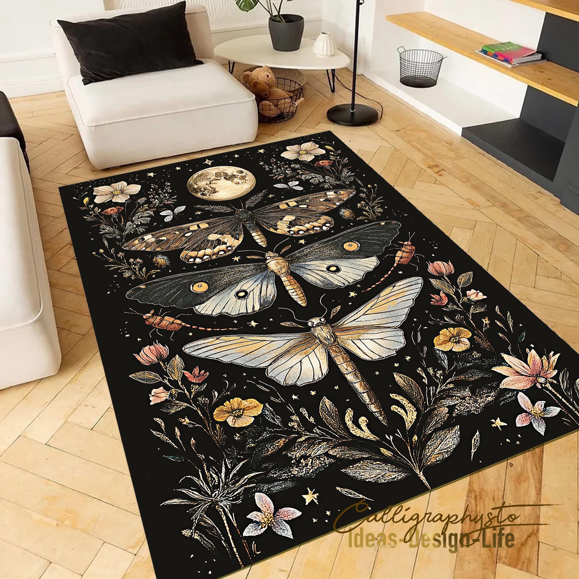 Moth Area Rug Mystic Moth Area Rug - Moon and Floral Pattern for Living Room - Etsy