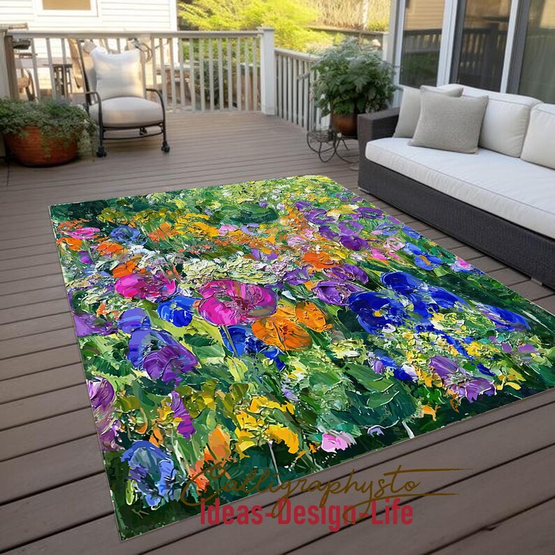 Floral Acrylic Paint Pattern Outdoor Rug, Weather Resistant Patio Mat ...