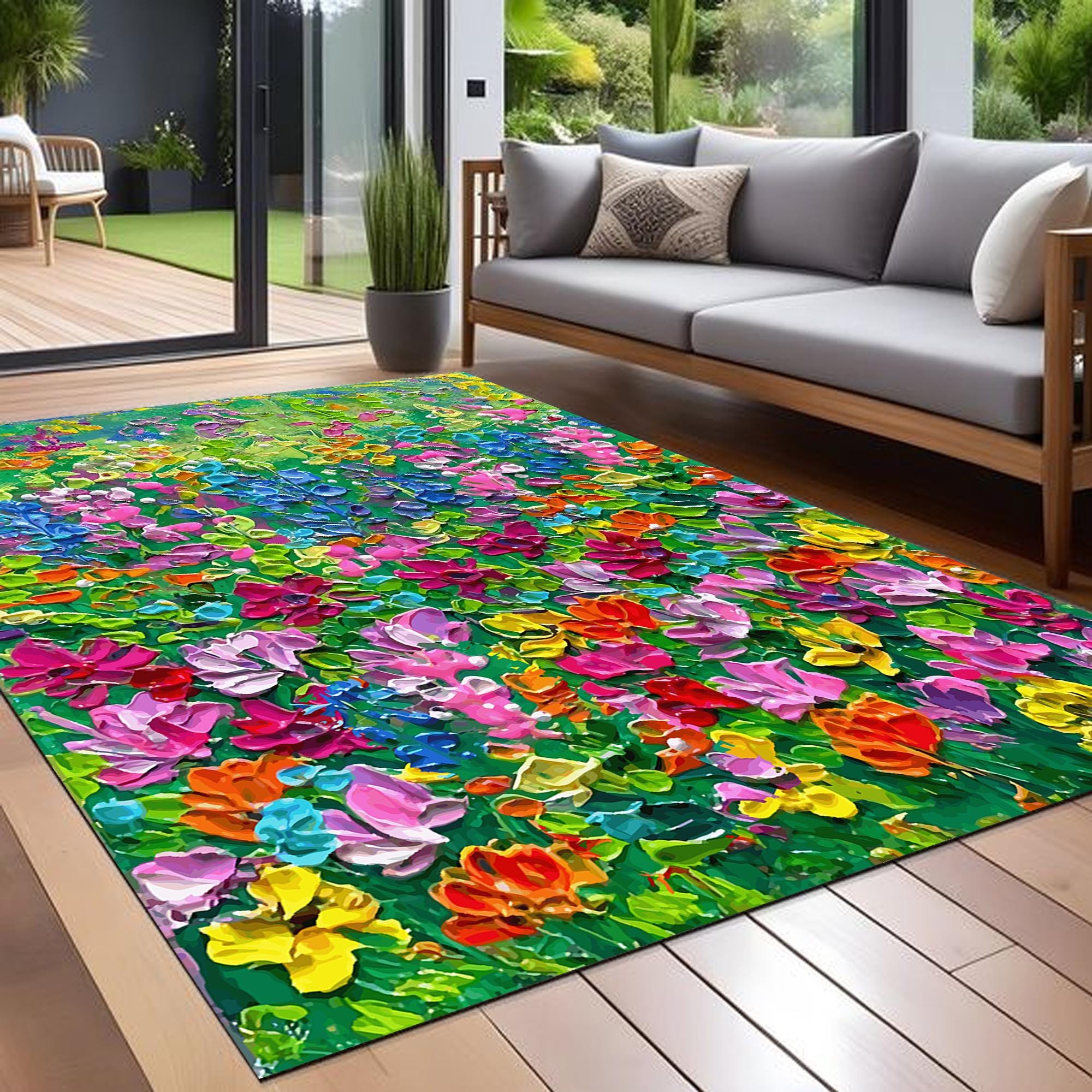 Spring Rug Painted Floral Outdoor Rug: Colorful Acrylic Paint Pattern, Weather Resistant ...