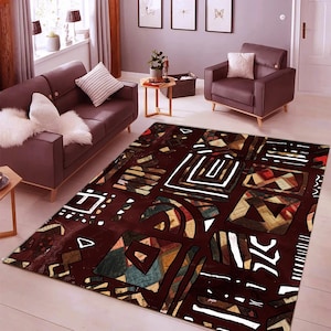 Savannah Teppich | Afrikanischer Läufer | Afrozentrischer rutschfester Teppich | Safari Ethnic Bodenkunst | Maschinenwaschbarer Teppich | Tribal Style braun matt