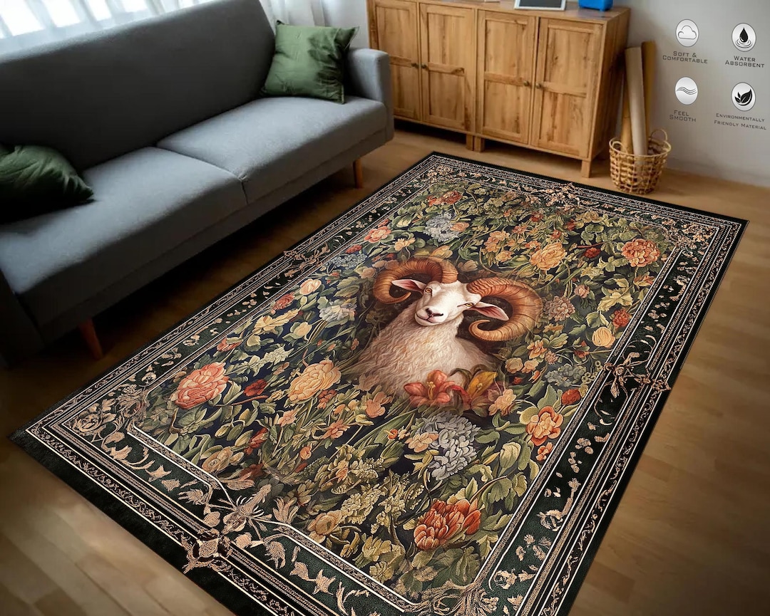 Gothic Aries Rug: Dark Green Damask, Flower & Bird Art - Etsy