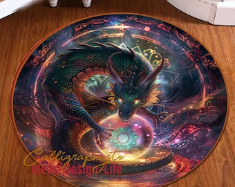 Dragon Round Rug, Mythical Pattern, Soft Non-Slip (Living Room Size)