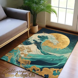 Sun and Waves, Gold Gilded Ocean Wave Living room carpet, home decoration, minimalist carpet, Washable Carpet