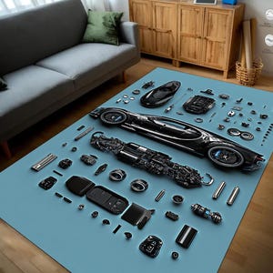 Exploded view of Bugatti Chiron Carpet, Car Play Mat, Kids Room Mat, Road Carpet, Track Carpet, Baby Room Carpet/Mat with Non-Slip Base