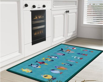 Kitchen Rug: Fish Design Blue and Green - Non-Slip Washable