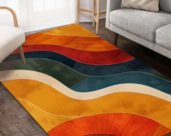 70s Retro Boho Patterned Rug, Burnt Orange, Medieval Modern Style