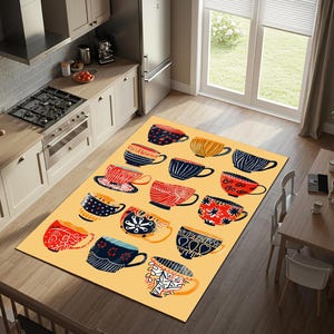Cheerful Colorful Coffee Cups - Coffee Themed Kitchen Rug, Runner Non-Slip Washable Carpet, Kitchen Runner Carpet Mat