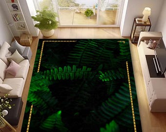 巨大な葉っぱ柄ラグ：滑り止め付きグリーン植物柄カーペット、洗濯可能 
