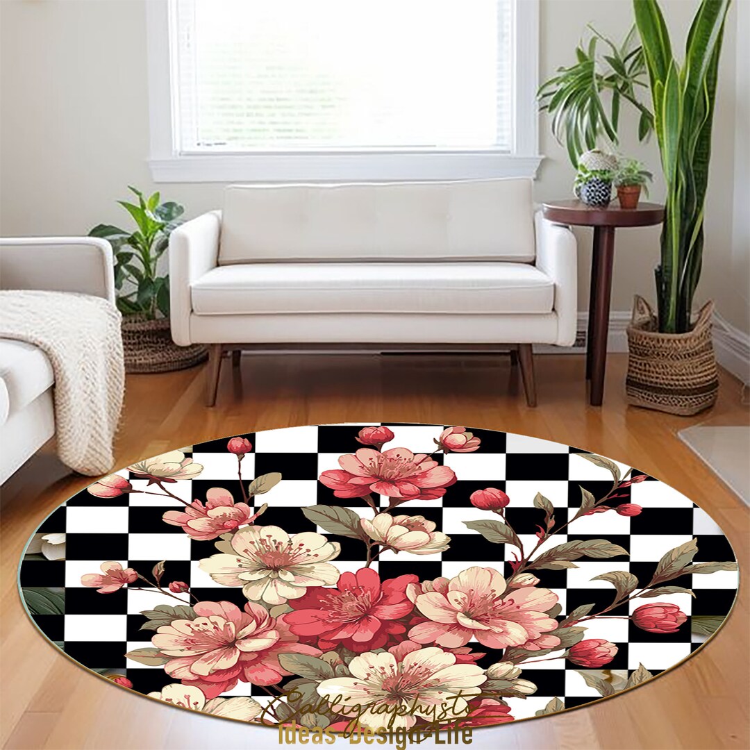 Black & White Floral Check Rug - Round, Lightweight Floor Mat - Etsy