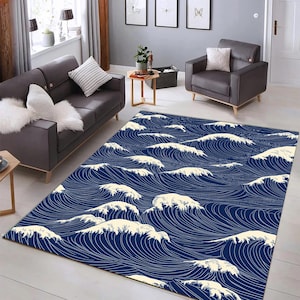 Painted in traditional Japanese style, an endless ocean wave Japanese wave rug, home decoration, minimalist rug, Japanese art rug.