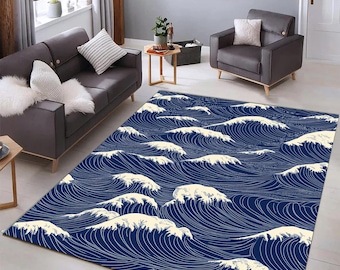 Japanese Wave Rug, Traditional Ocean Art, Minimalist Home Decor