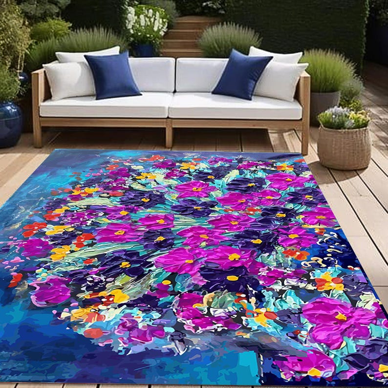 Spring Rug Painted Floral Acrylic Paint Pattern Outdoor Rug, Weather Resistant Patio Mat ...