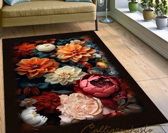 花柄ラグ 黒 薔薇 クラシック ゴシック ガーリーブラック ピンク 花柄ゴシックラグ：ヴィンテージダマスクローズランナー、滑り止め付き
