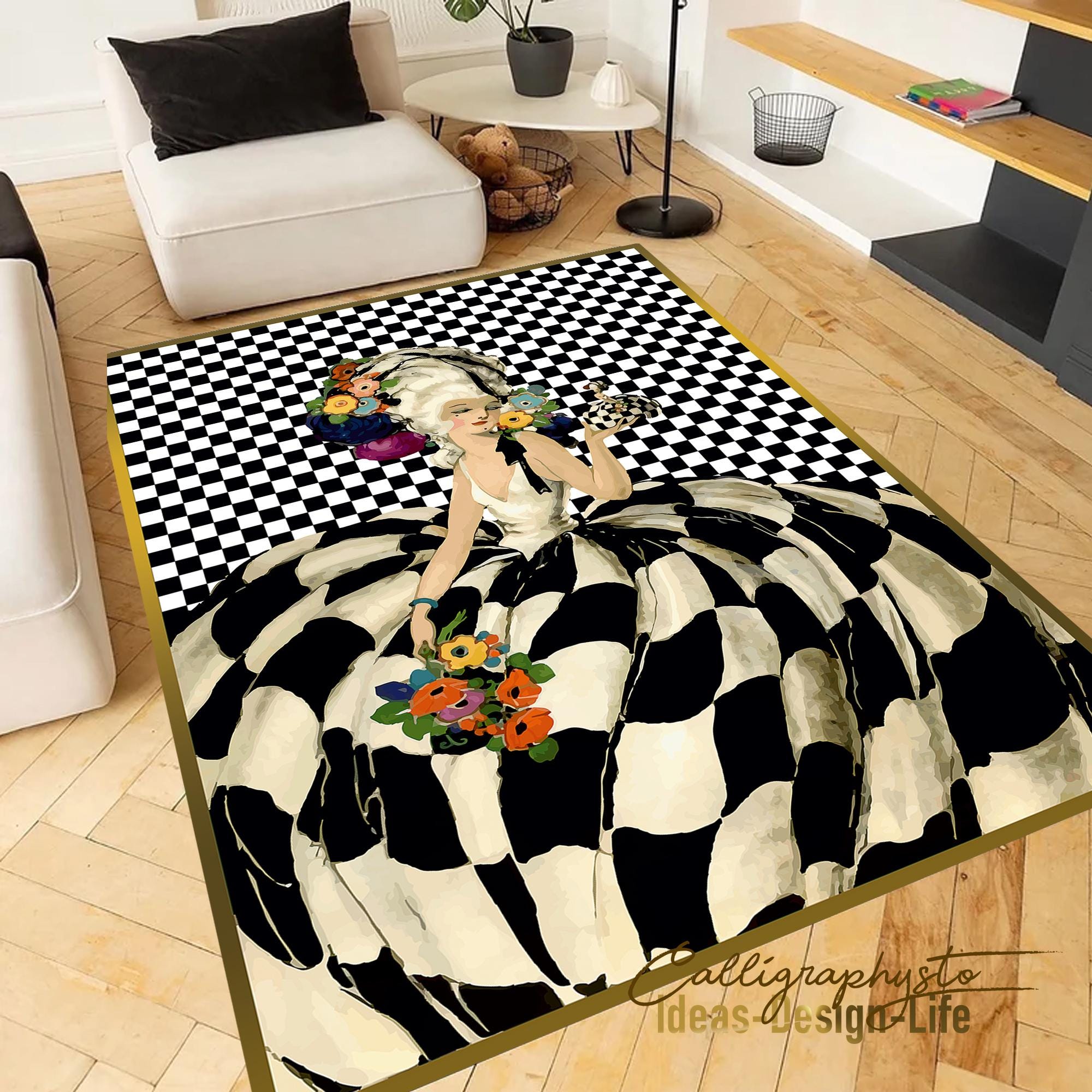 Victorian Lady Area Rug: Renaissance Maiden, Checkered Black Carpet - Etsy