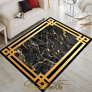 Black and Gold Marble Area Rug, For Living Room, Medusa Carpet, Greek Key Rug, Modern Rug, Floor Rug, Classic Stylish Rugs, Popular Rug