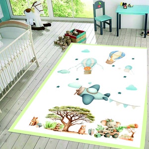 Niedlicher Safari Themen Teppich mit Auto, Baby Geschenk, Bereich Teppich,Heißluftballon Kinderteppich, Kleinkind Teppich, Waschbar Kinder Teppich,Baby Teppich
