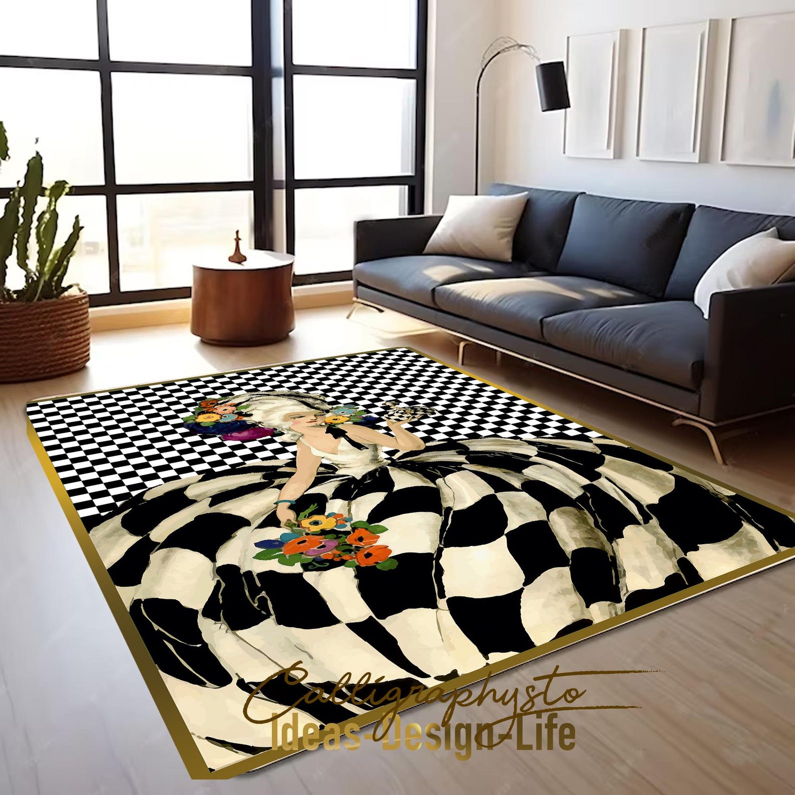 Victorian Lady Area Rug: Renaissance Maiden, Checkered Black Carpet - Etsy