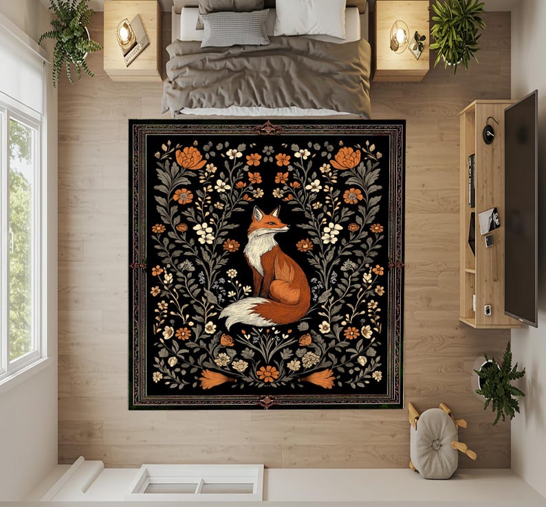 Gothic Fox Rug: Vintage William Morris Style, Dark Academia Decor image 8