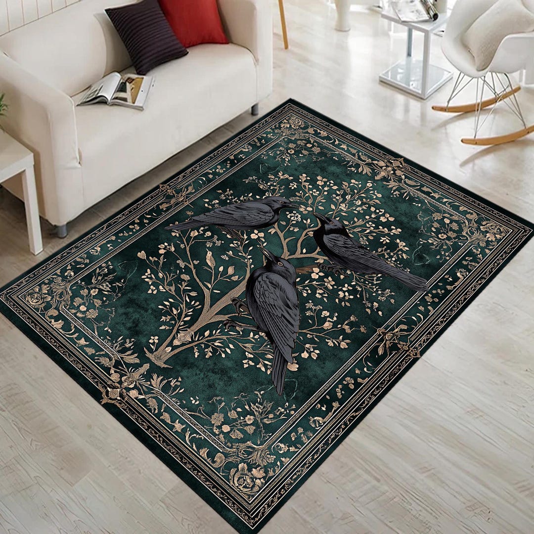 Gothic Area Rug|dark Green Color Rug|flower Trees and Crows|medieval ...