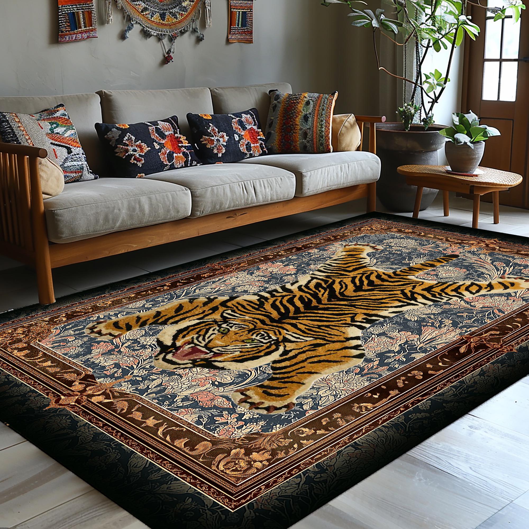 Bengal Tiger Area Rug, Indian Style Jungle Leaves (machine