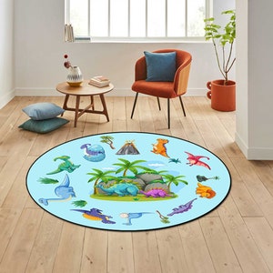 Dino Nursery Rug|Jurassic Playmat for Kids Room|Trex Toddler Round Carpet|Volcano Non Slip Activity Rug|Dinosaur Playroom Rug|Daycare Mat