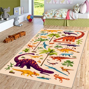 Dino Kindergarten Rug|Jurassic Play Mat for Kids Room|Trex Baby Rectangular Rug|Volkan Non-Slip Activity Mat|Dinosaur Playroom Rug|Mat