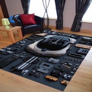 Exploded view of Bugatti Chiron Carpet, Car Play Mat, Kids Room Mat, Road Carpet, Track Carpet, Baby Room Carpet/Mat with Non-Slip Base