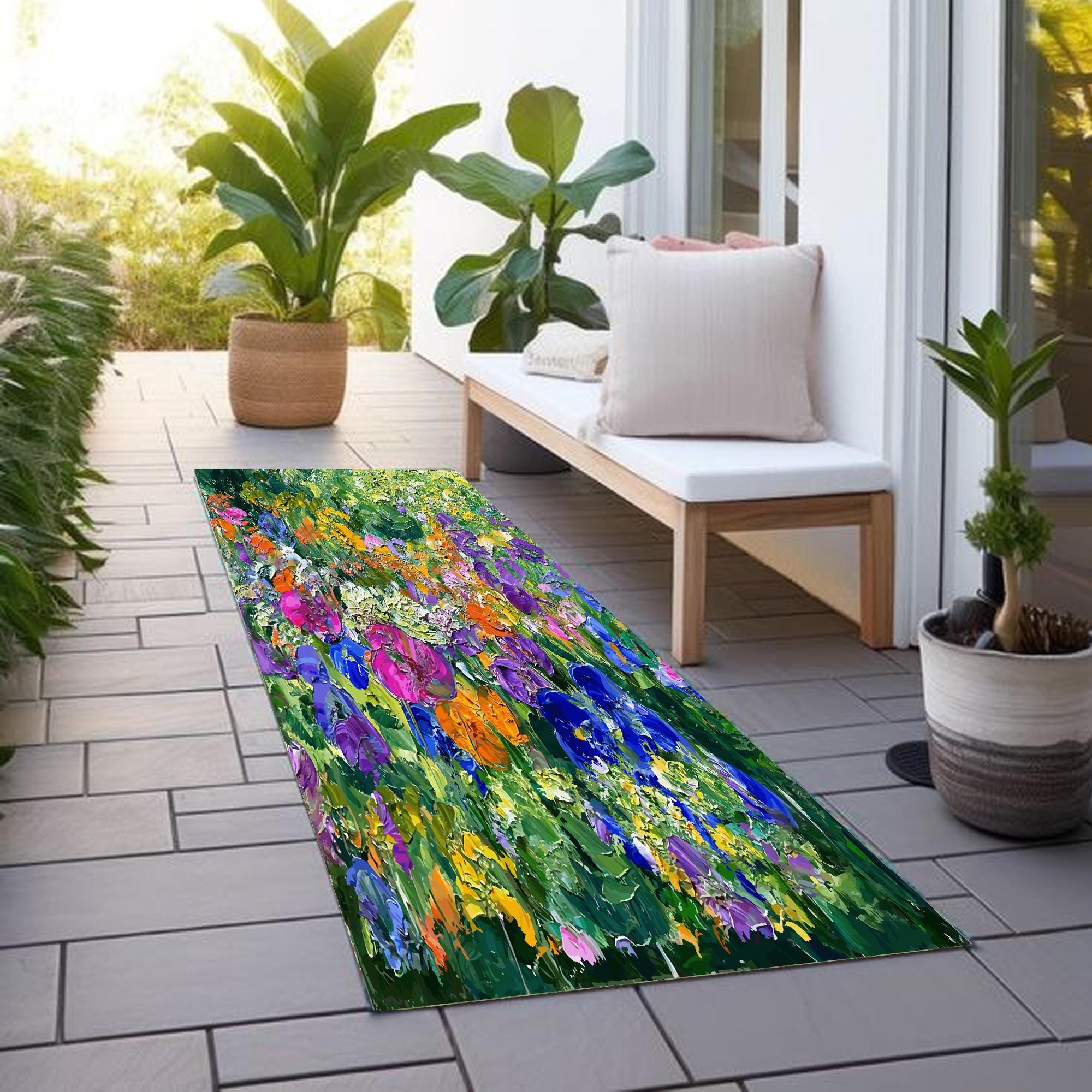 Floral Acrylic Paint Pattern Outdoor Rug, Weather Resistant Patio Mat ...