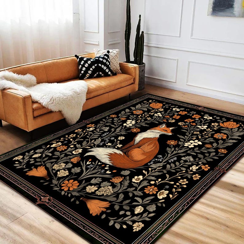 Gothic Fox Rug: Vintage William Morris Style, Dark Academia Decor image 3