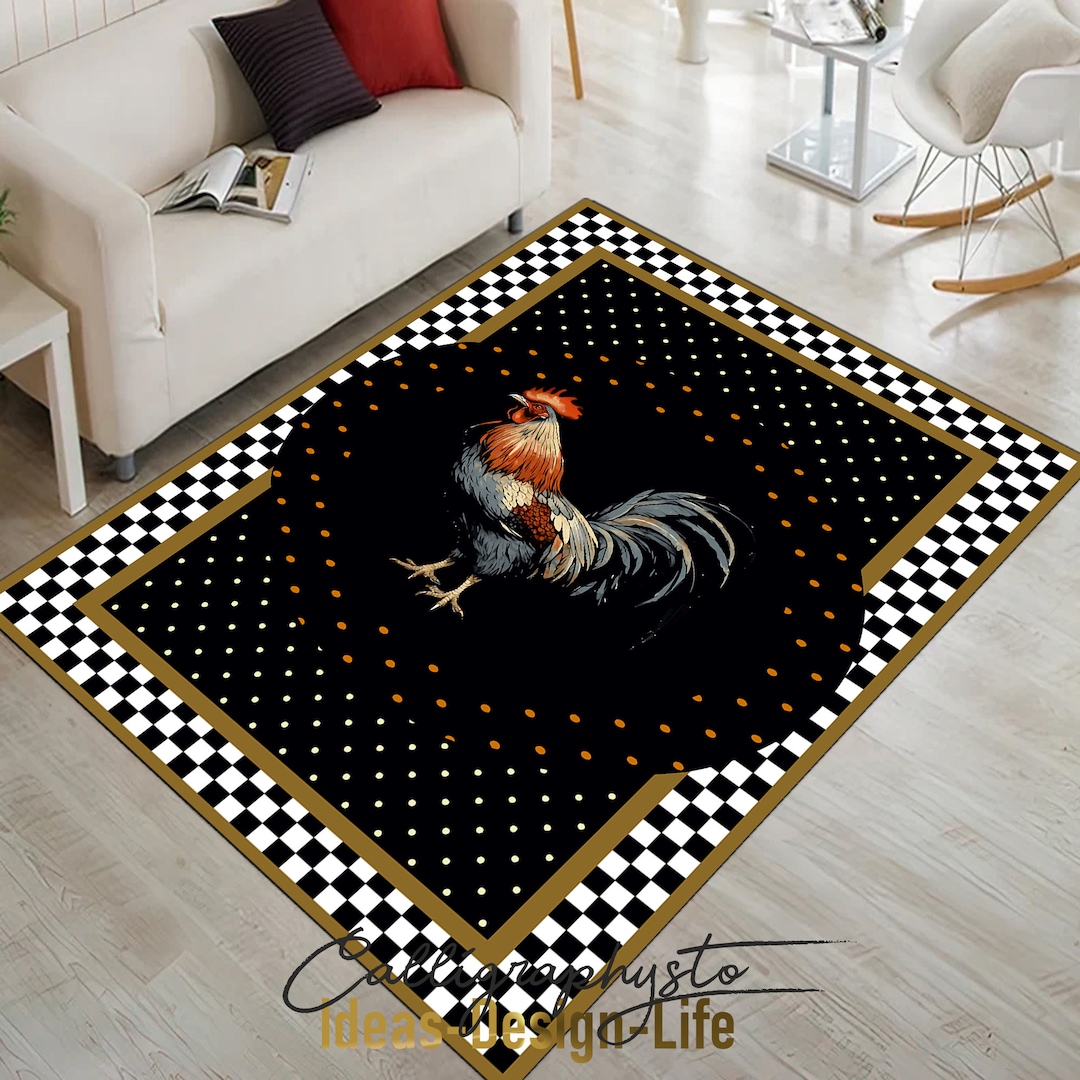 Chicken Area Rug Black Rooster Checkered Rug: Rustic Floor Art (machine Washable, Non ...