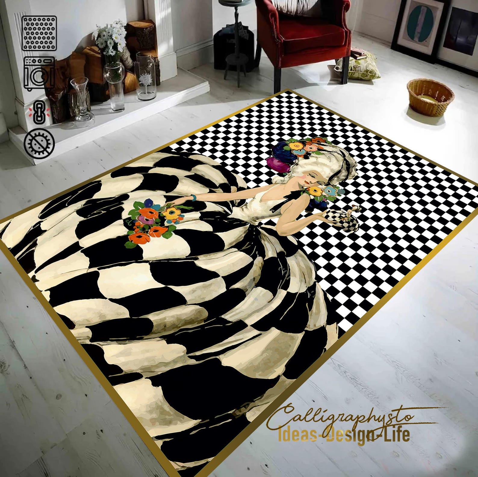 Victorian Lady Area Rug: Renaissance Maiden, Checkered Black Carpet - Etsy
