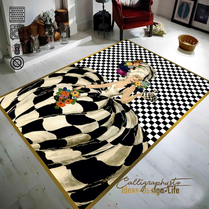 Lady Rugs Victorian Lady Area Rug: Renaissance Maiden, Checkered Black Carpet - Etsy