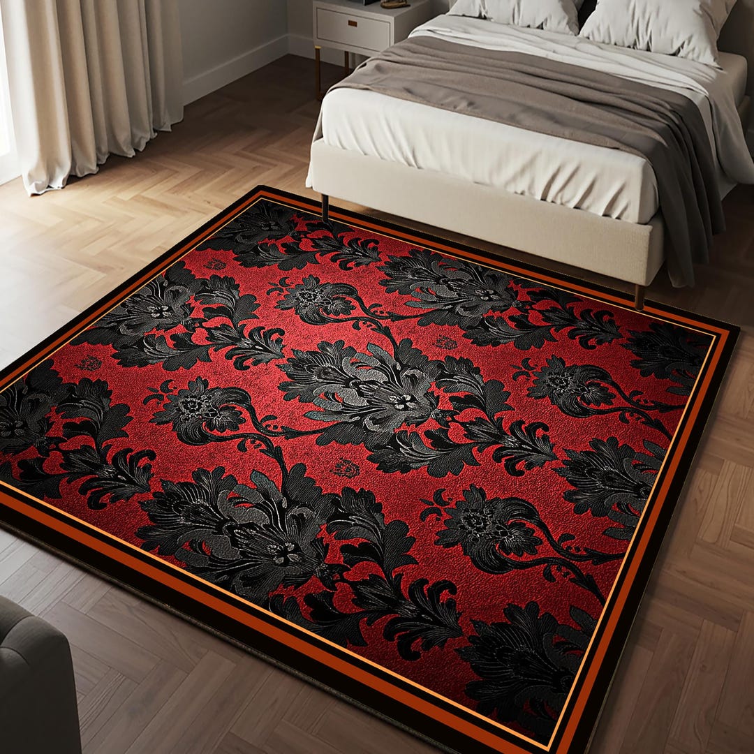 Gothic Area Rug: Dark Red & Black Damascus, Medieval Floor Art - Etsy