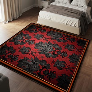 Gothic Area Rug|Dark Red and Black Rug|Medieval Non-Slip Rug|Damascus Vintage Floor Art|Machine Washable Rug