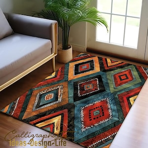 May include: A colourful area rug with a geometric pattern of diamonds and squares in shades of red, orange, yellow, blue, green, and brown. The rug has a distressed, vintage look.