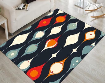 70s Retro Geometric Area Rug, Mid Century Modern Indoor Outdoor Rug