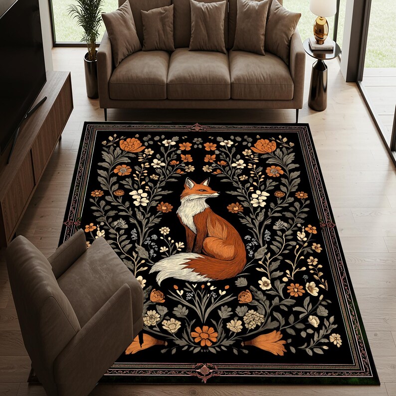Gothic Fox Rug: Vintage William Morris Style, Dark Academia Decor image 9
